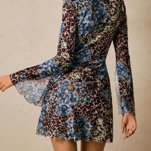 Multicolor Boho Women's Leopard Print Floral Mesh Dress - Picture 2 of 5